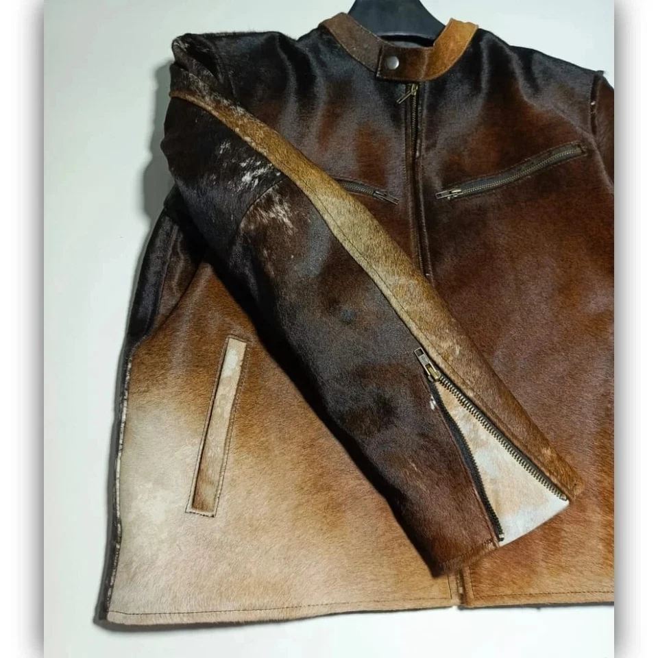 Chaqueta de cuero de vaca occidental para hombre con piel de pony real y chaqueta con estampado de vaca 63 Foto 3 de 4