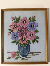 vintage framed cross-stitch floral wall decor
