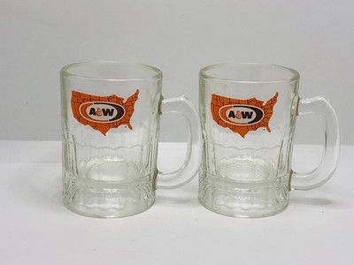 Vintage SET OF 2 A & W Root Beer Mini Miniature Clear Glass Mug 3 1/4'' Tall