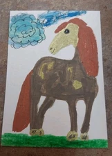 GAT Original Painting Whimsical Animals Brown HORSE ACEO Art Signed 3.5X2.5