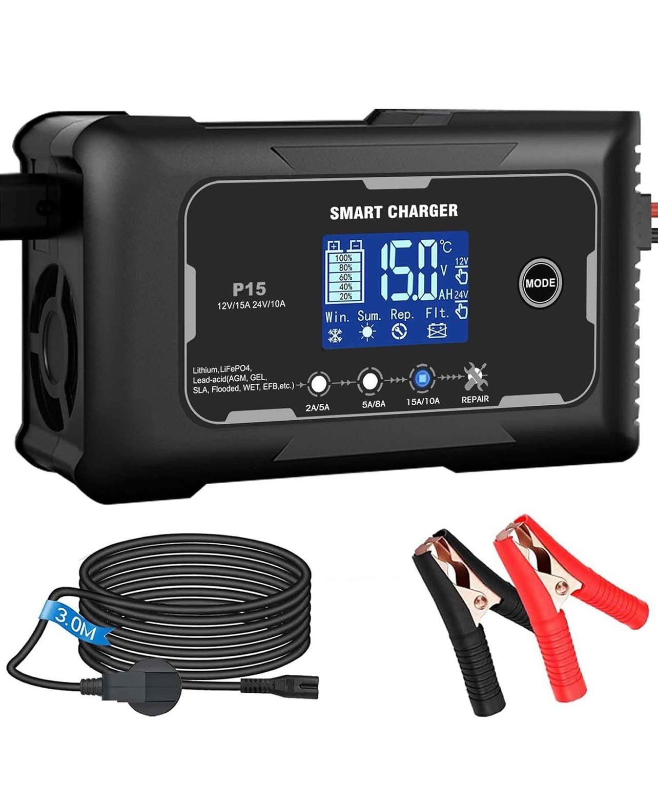 Car Battery Charger, HTRC 15A 12V/24V for LeisureAGM/Gel/SLA/EFB (US PLUG 🔌)