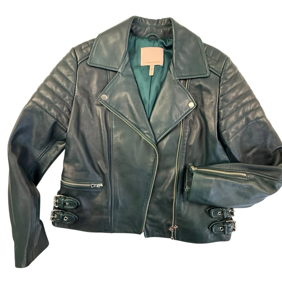 Chaqueta de motociclista de cuero de cordero Rebecca Taylor para mujer talla mediana verde esmeralda Foto 2 de 4
