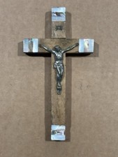 Antico Crocifisso Ulivo Con Inserti Madreperla e 14 Simboli Stazioni Via Crucis