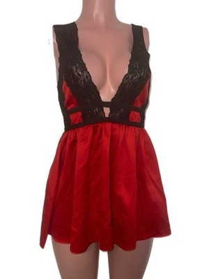 Y2K Fredericks Of Hollywood Red Satiny With Black Lace Night Micro Mini Dress M