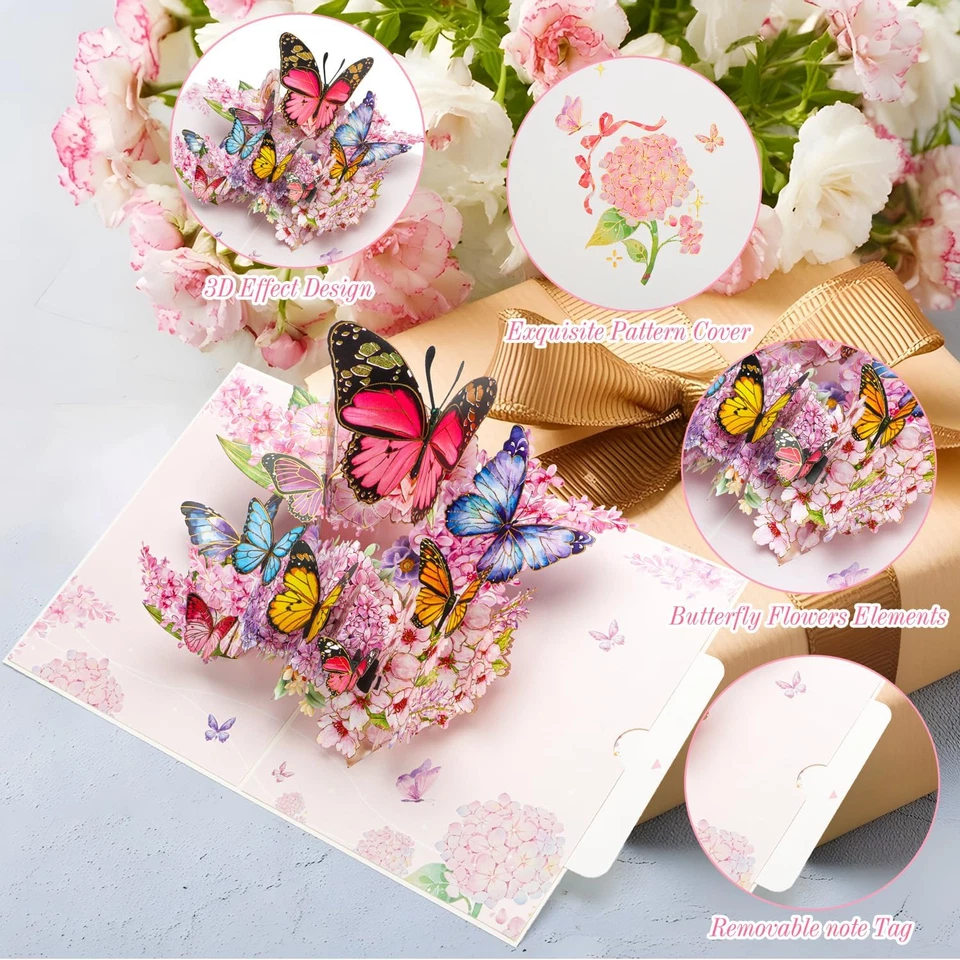 Birthday Card,Butterfly Pop up Card with Gold-Embossed Wings,3D Greeting Cards f - Image 3 of 4