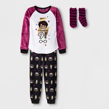 Harry Potter Girls 2 Piece Pajama Set with Socks Pink Black White Size Small New