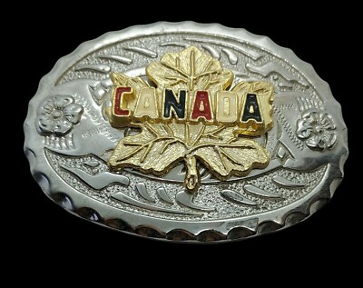 Vintage Belt Buckle Canada Maple Leaf Enamel floral rockabilly cowboy spellout