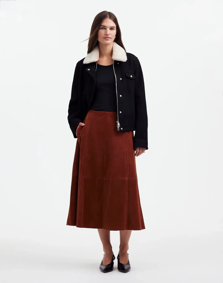 Falda midi Madewell de gamuza con costuras de caoba para mujer talla 2 cuero marrón nueva sin etiquetas $398 Foto 2 de 4