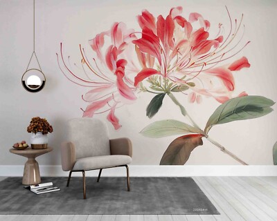 3D Red Flowers Plant Illustration Self-adhesive Removable Wallpaper Murals