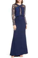Tadashi Shoji Embroidered Mesh Crepe Long Sleeve Gown, Size 12