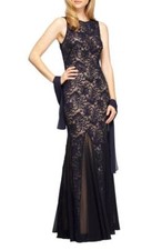 ALEX EVENINGS SEQUIN LACE MERMAID NAVY /NUDE GOWN DRESS sz 8