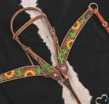 Western Saddle Horse Sunflower + Cactus Design Bridle + Breast Collar Tack Set