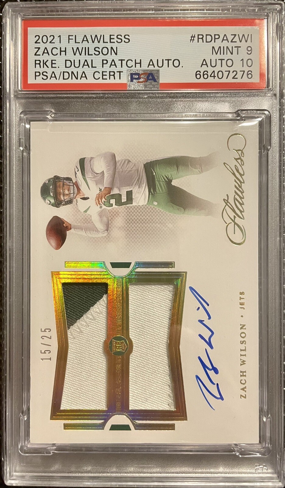 Zach Wilson Panini Flawless Rookie Dual Patch Autograph #RDPAZWI Emerald