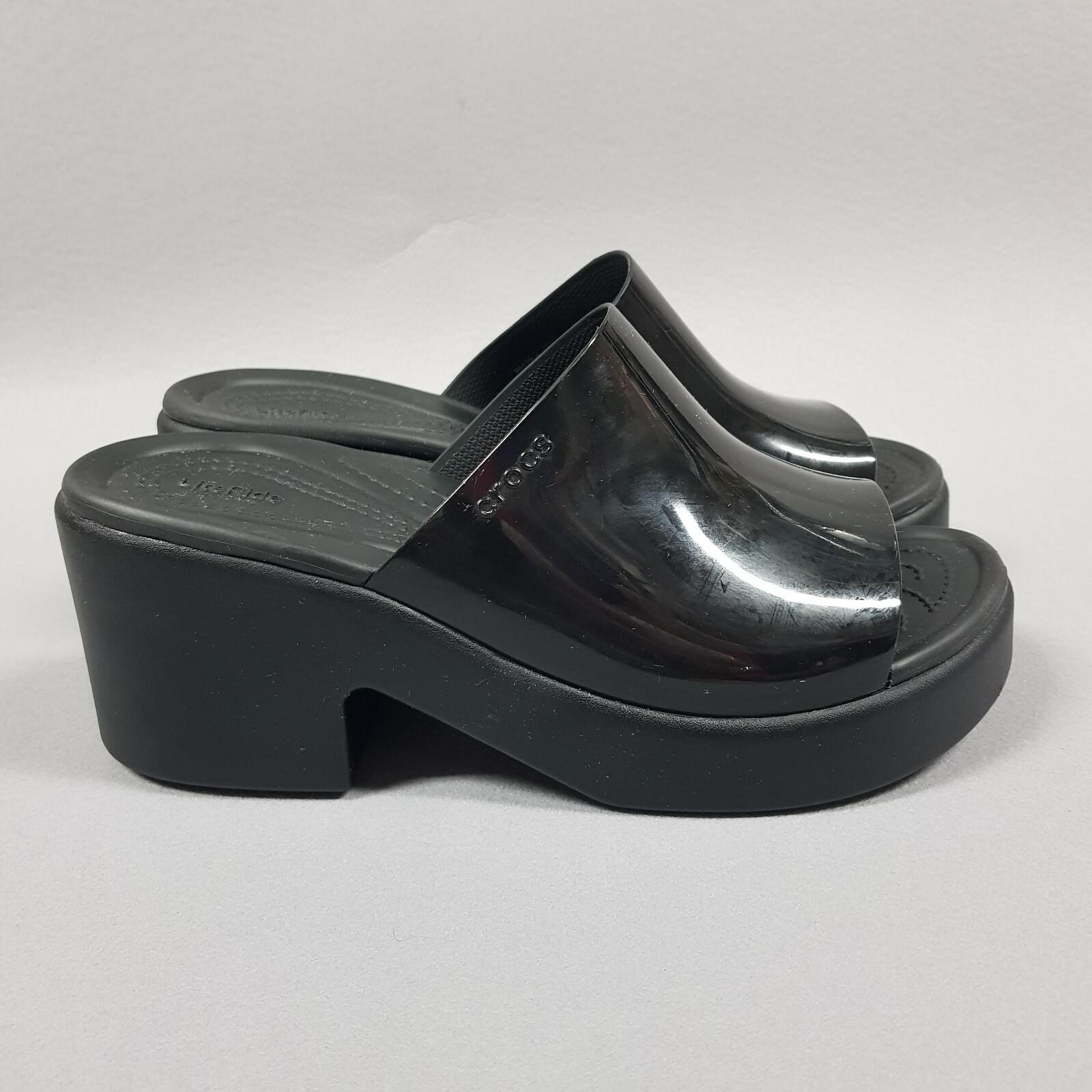 Crocs LiteRide Brooklyn Slide High Shine Black Chunky Heel Sandals Size W9 Y2K  