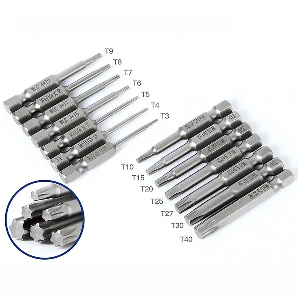 Magnetic Torx Screwdriver Bits 1/4" Hex Driver T5,6,7,8,9,10,15,20,25,27,30,40 - Image 2 of 4
