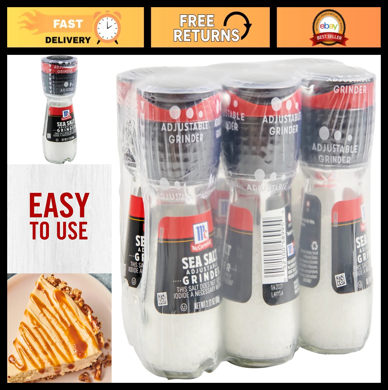 Mediterranean Sea Salt Grinder - 6 Pack of 2.12 oz Glass Bottles for Table Use