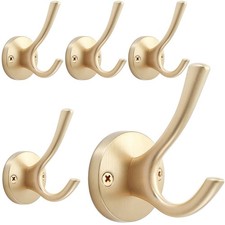 Gold Wall Hooks 5 Pack Heavy Duty Metal Double Bath Robe Hook Wall Mount