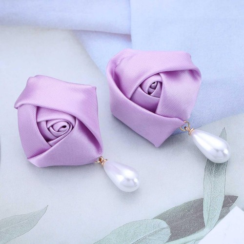 Big Purple Flower Earrings Large Fabric Flower Earrings Pearl Floral Drop Earrin - Picture 3 of 7