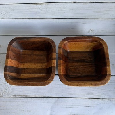 Set Of 2 THE CELLAR  MACY S WOOD Bowls Square 6.5  X 2.25 Salad Serving Acacia