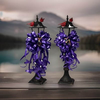 Set Of Two-10'' Wide Purple Floral Poly Bows For Gifts, Basket, Wreath, Party