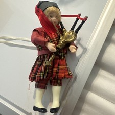 Vintage Scottish Red Plaid Scotch Man Bagpipes Player Doll Ornament 5"