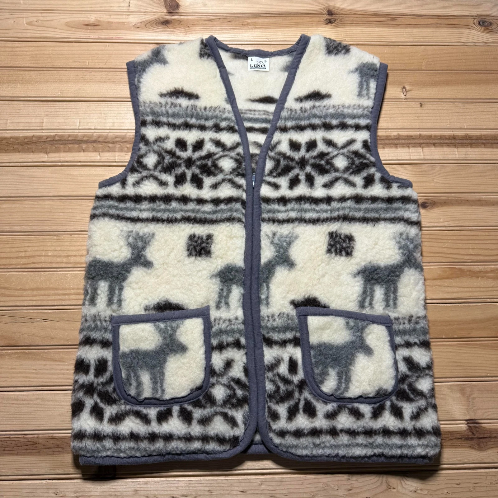 Vintage 90s Reindeer Snowflakes Fair Isle Full Zip Wool Blend Outdoor Vest Large