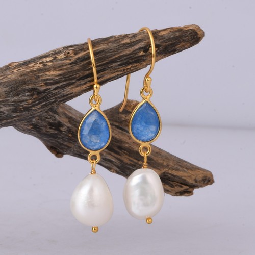 18K Yellow Gold Plated Teardrop Blue Aventurine & Pearl Drop Earrings Jewelry - Picture 3 of 10
