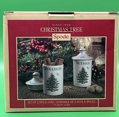 Spode Christmas Tree Spice Jars 4.5'' Cinnamon & Nutmeg | Set of 2