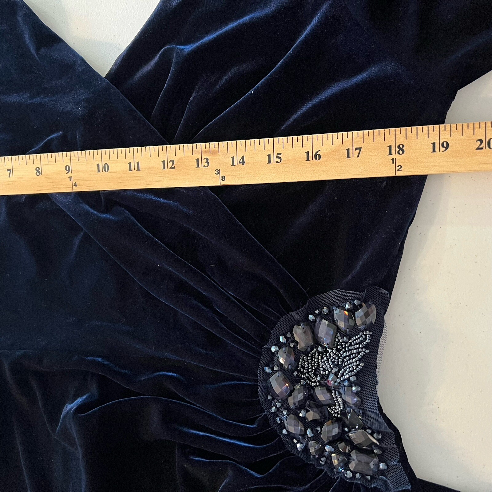 Rickie Freeman Teri Jon Womens Long Sleeve Rhinestone Velvet GownEvening Blue 16