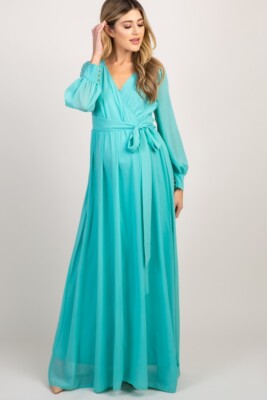 PINKBLUSH Turquoise Chiffon Long Sleeve 