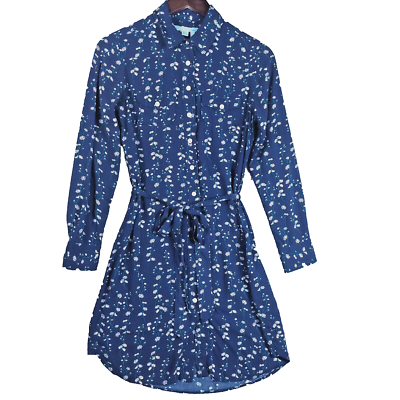 #ad Draper James Shirt Dress Women#x27;s Sz 2 Blue Floral Collared Waist Tie Long Sleeve $32.99