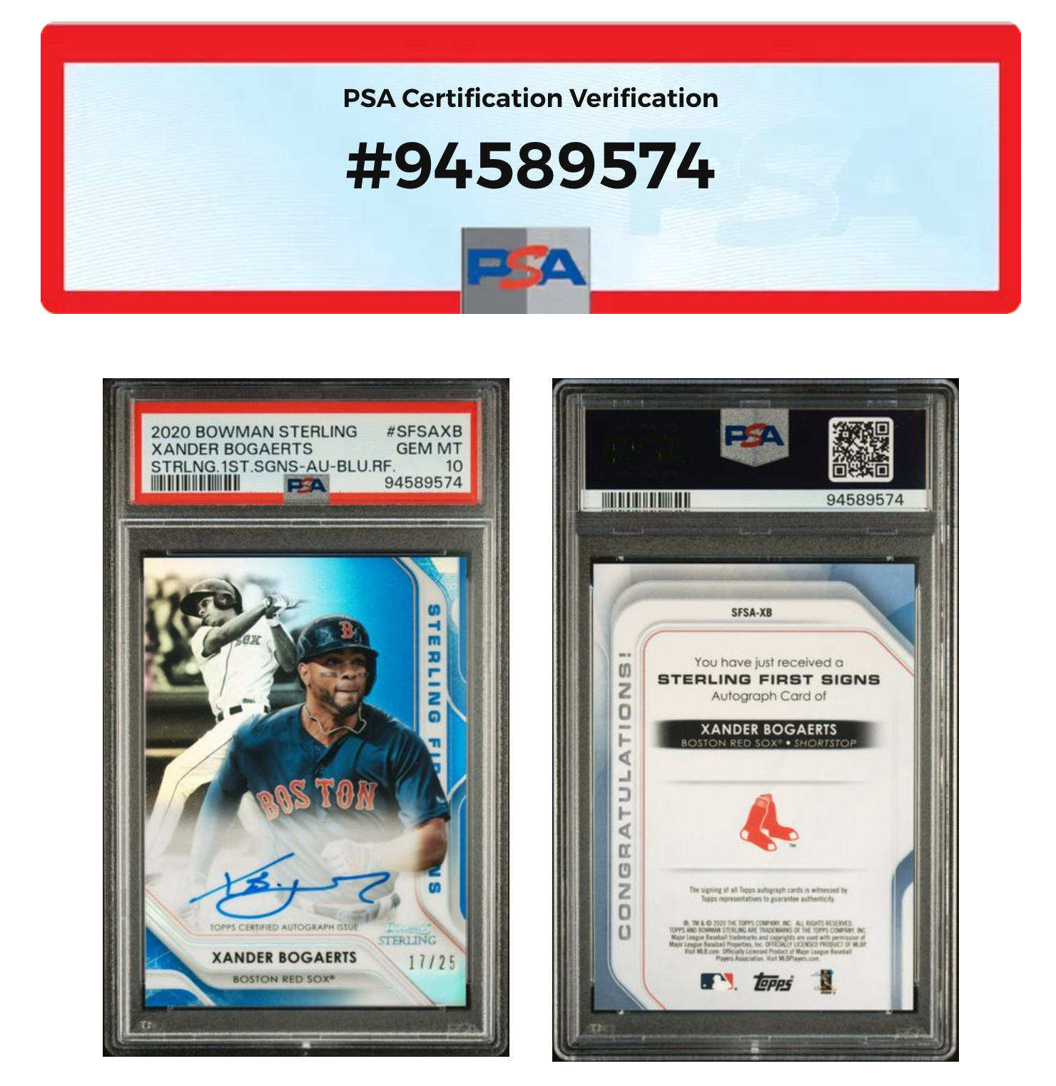 2020 Bowman Xander Bogaerts Sterling First Signs Auto Blue RF /25 PSA 10 Pop 1 view 4