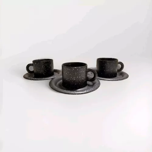 Vintage Takahashi Tea Coffee Cups Mug Plate- Set Of 3 Black White Speckled Japan