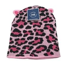 Winter Essentials Girls One Size Pink Leopard Print Knit Beanie New With Tags