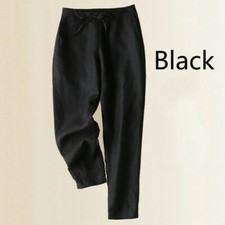 Women Linen Cotton Harem Pants Trousers Loose Plain Drawstring Casual M-3XL