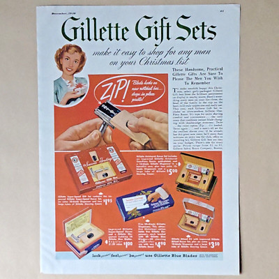 Vintage 1948 Gillette Zip Print Ad 10x13 Shaving Gift Sets Mens Razors Christmas