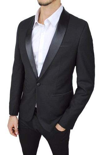 GIACCA BLAZER UOMO CLASS SARTORIALE NERO RASO LUCIDO SLIM FIT ELEGANTE  FORMALE | eBay