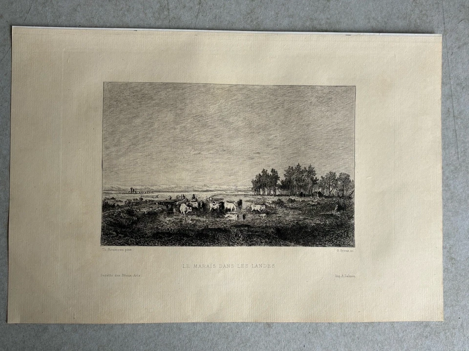 Théodore Rousseau Gravure Eau Forte Etching Paysage Le Marais Dans Les Landes - Photo 2/4
