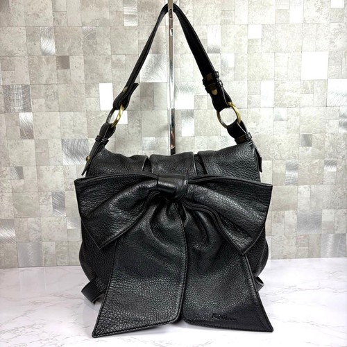 Yves Saint Laurent Black Leather Bow One Shoulder Bag Women Gold Hardware Auth