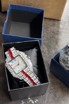 Red Iced Watch For Man Fashion Colorful Roman Literal Quartz Watch Hip Hop
