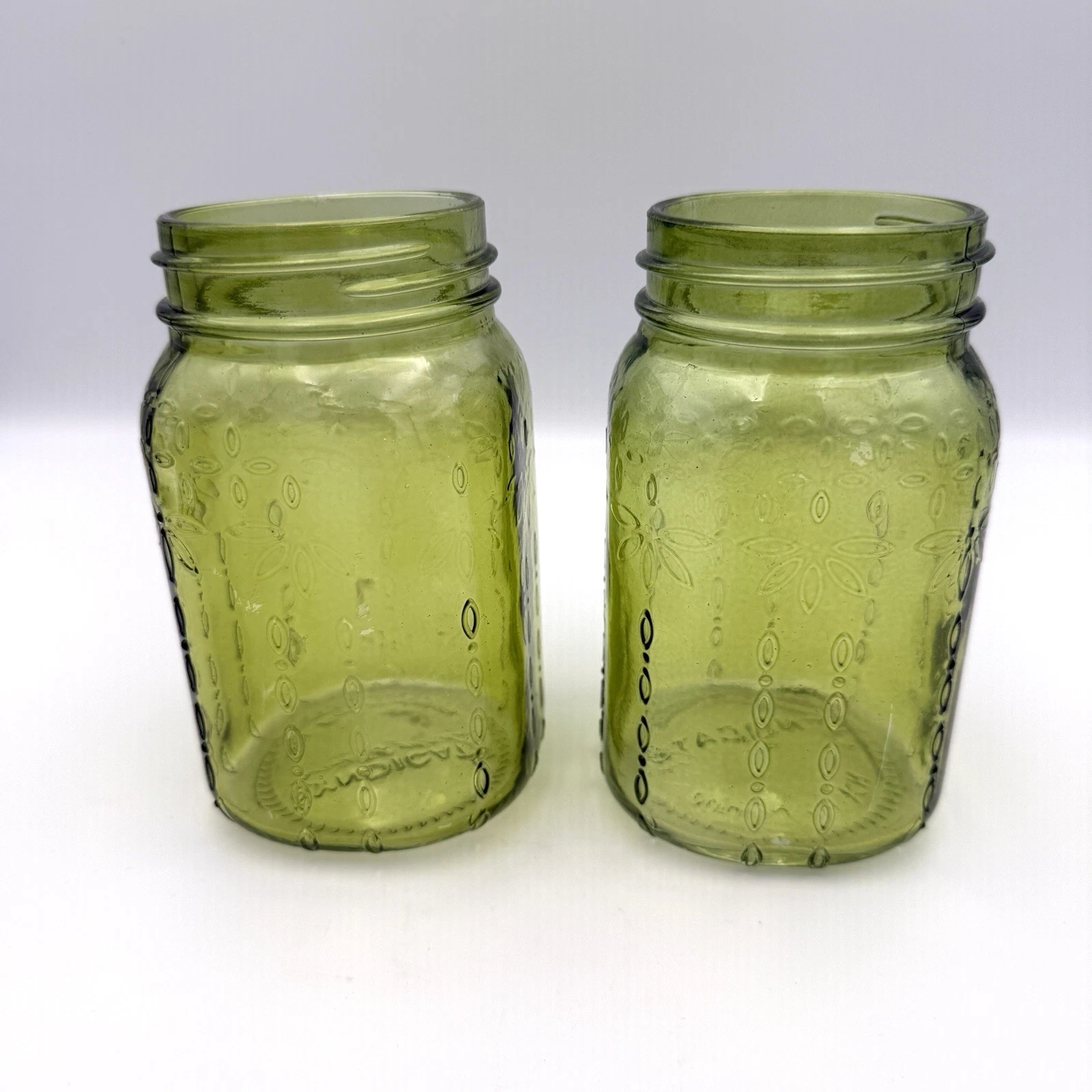 Two Syndicate Home & Garden Vintage Olive Green Glass Mason Jar Floral Embossed
