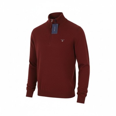 GANT Superfeine Lammwolle Half Zip Herren Pullover L Rot Melange Strick