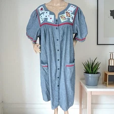 Go Softly Patio Dress 2XEmbroidered Playing Cards Chambray Denim Blue Draped
