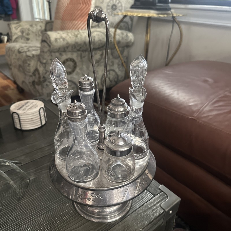 Antique Simpson Hall Miller Silverplate Condiment Cruet Set Etched Glass Casters