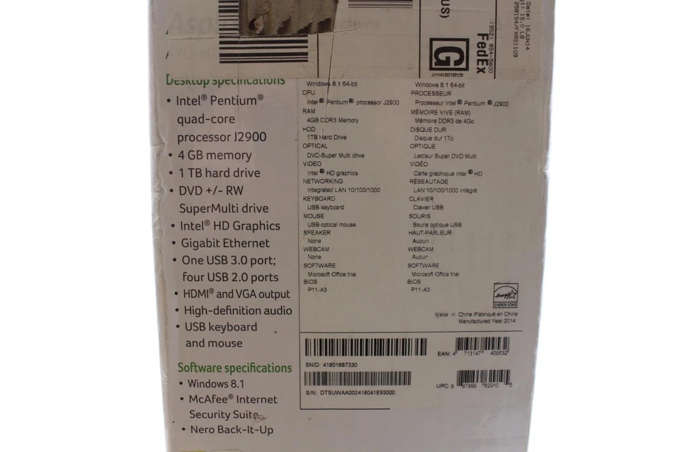 Acer Aspire X AXC-603G-UW15 Desktop PC Pentium J2900 4GB RAM 1TB HDD Windows 8.1 - Image 2 of 4