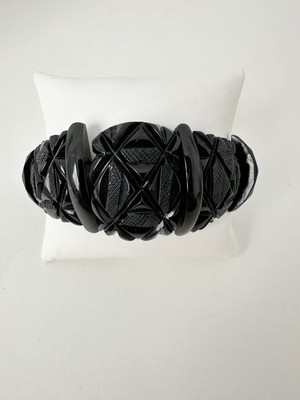 Antique Whitby Jet Bracelet Victorian Carved Black Beaded