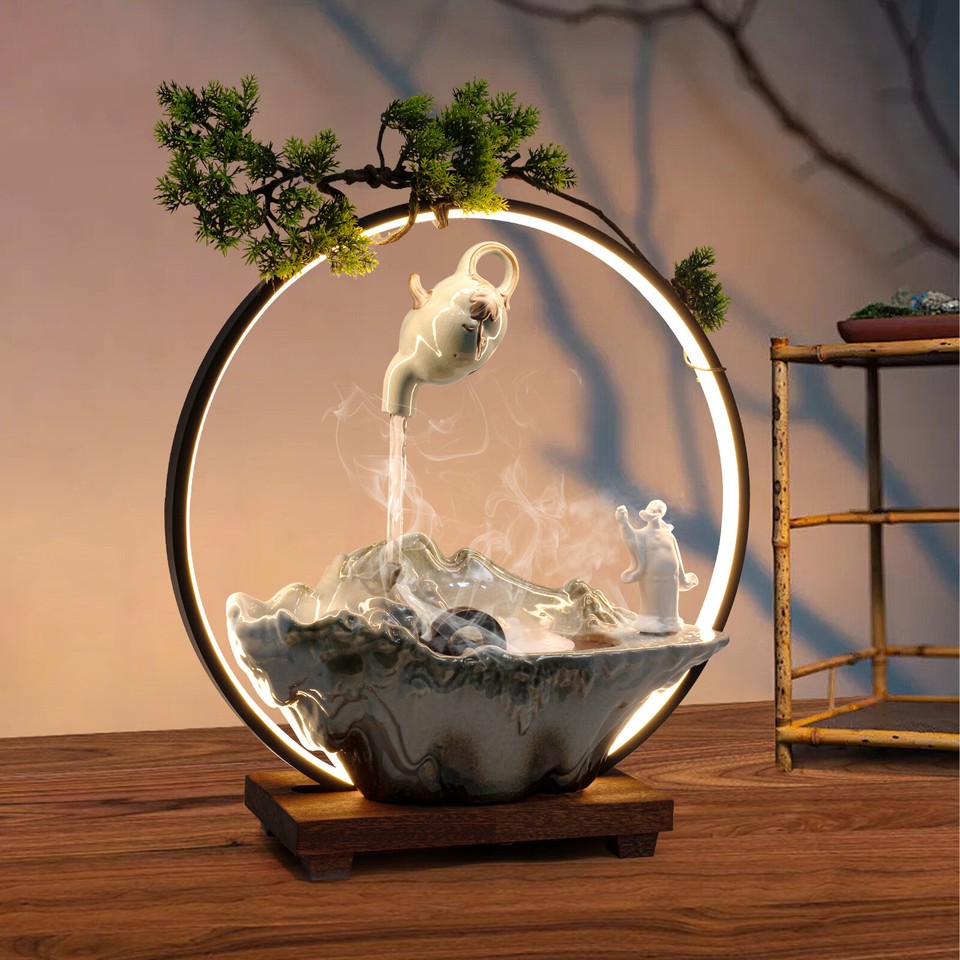 Tabletop Water Fountain, Indoor Waterfall with LED Light Mist Desk