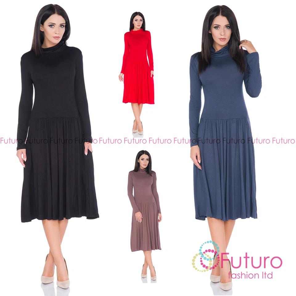FUTURO FASHION Ladies Formal Long Sleeve Cowl Neck Tea Length A-Line Skater Office Dress FM32