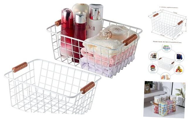 Wire Household Pantry Baskets with Handles 2 Pack，Storage White Wood-2