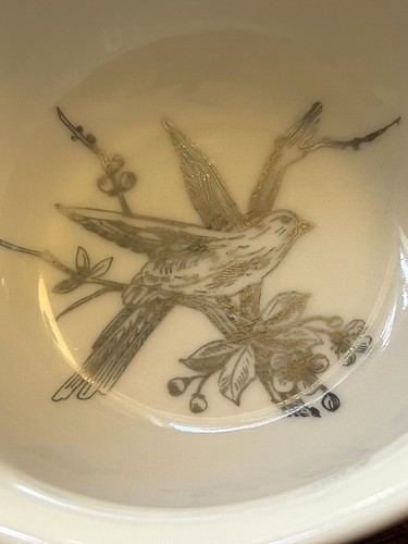 222 Fifth Adelaide Gold & Pink Porcelain Soup Cereal Bowls Birds & Floral Set of - Picture 4 of 13